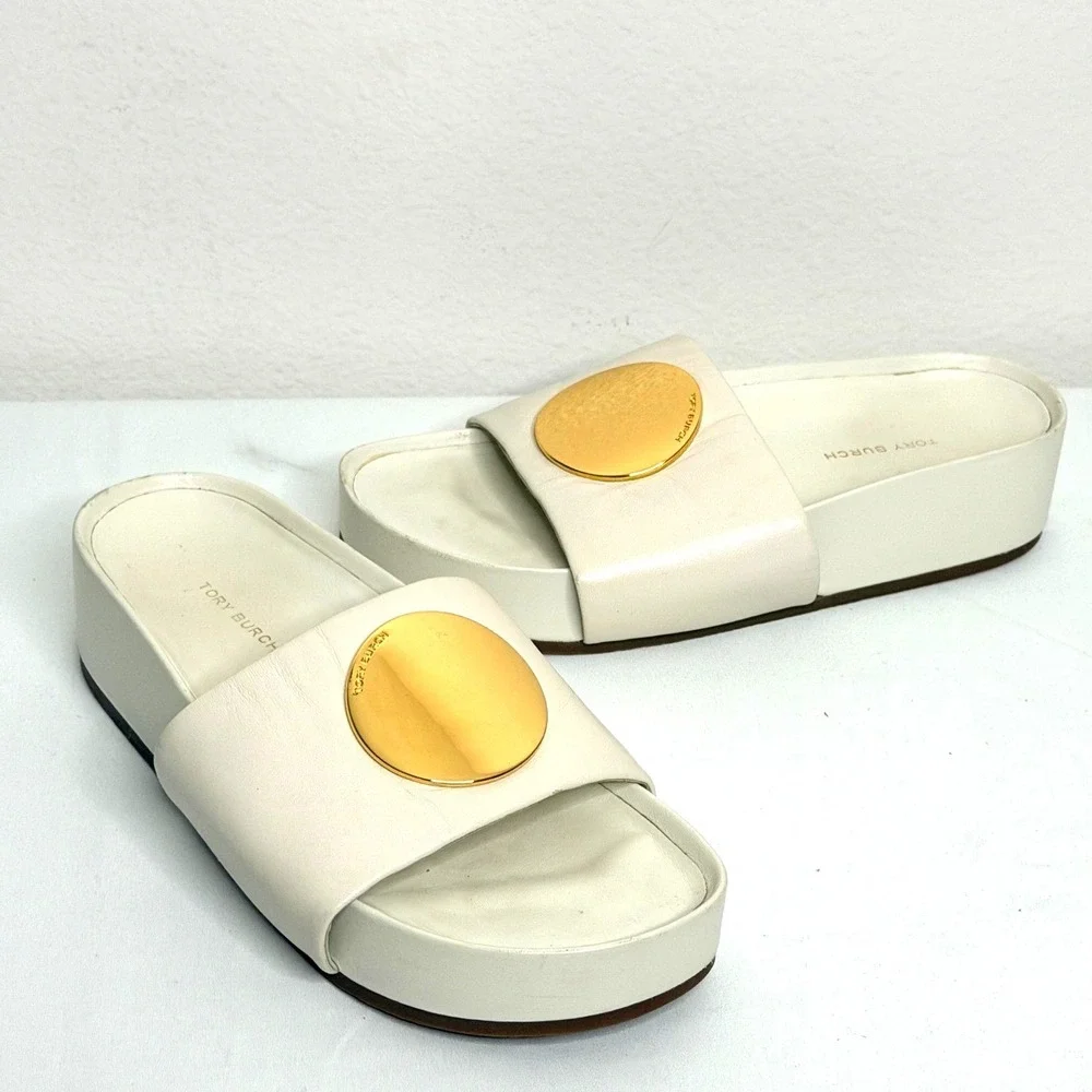 Tory Burch Patos Platform Slide Sz 8.5 Cream Leather Gold Coin Sandal Luxury